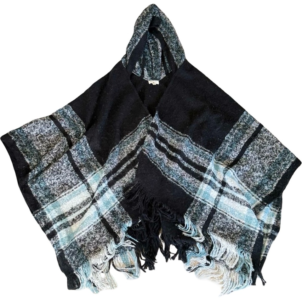 Black and Blue Plaid Hooded Poncho